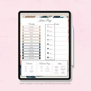 May include: A digital planner displayed on a tablet, featuring an index page with monthly, custom, and notebook sections. The planner includes calendars, to-do lists, and budget trackers. Text on the screen reads "Index Page" and "Easily navigate to each page with fully functional hyperlinks."