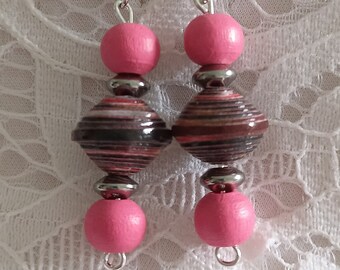 Pink and brown wood and paper earrings