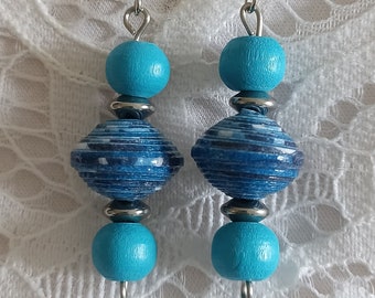 Wooden and blue paper earrings
