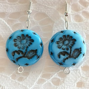 Blue and black flower earrings