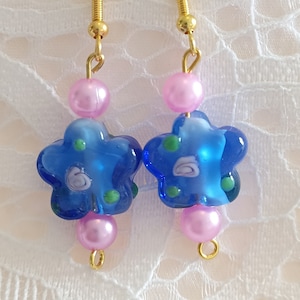 Blue pink flower earrings