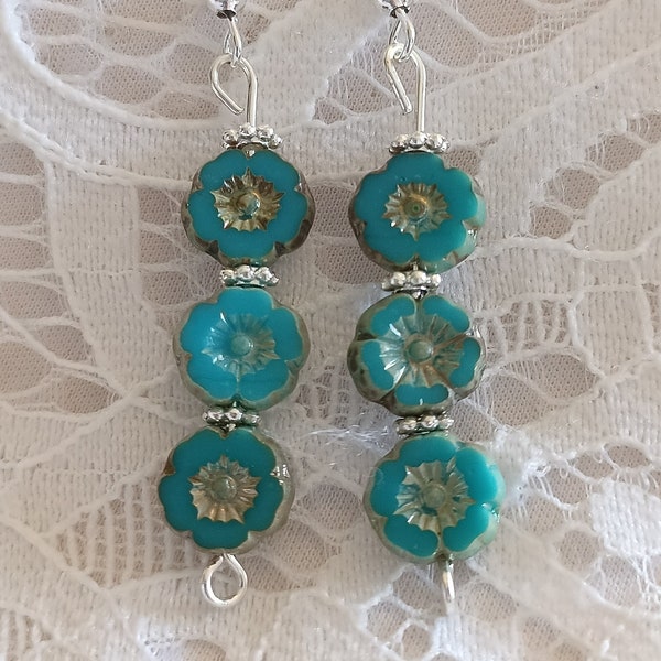 Boucles d'oreilles fleurs turquoise