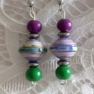 Purple and green wood and paper earrings