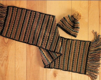 Hat and Scarf - Crochet Pattern.  Size Small - 18" Circ. - (Medium - 20-1/4") - (Large - 22-1/2").  Scarf - 12" x 48".  PDF Download.