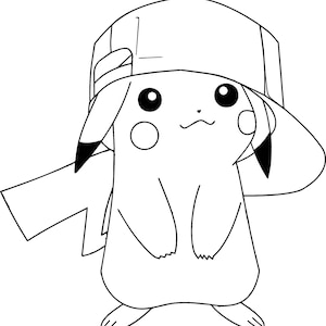 May include: A black and white line drawing of a Pikachu wearing a baseball cap. The Pikachu is standing with its arms at its sides and its tail is curled up behind it.