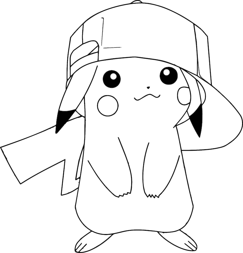 May include: A black and white line drawing of a Pikachu wearing a baseball cap. The Pikachu is standing with its arms at its sides and its tail is curled up behind it.