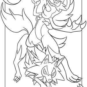 May include: A black and white line drawing of two Pokemon, a wolf-like creature with a large, pointed tail and a smaller, wolf-like creature with a mane of fur. The larger Pokemon is holding a ball in its paw.