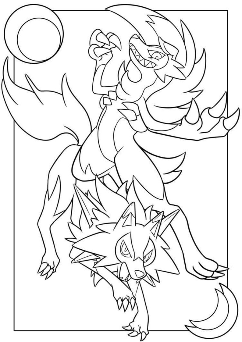 May include: A black and white line drawing of two Pokemon, a wolf-like creature with a large, pointed tail and a smaller, wolf-like creature with a mane of fur. The larger Pokemon is holding a ball in its paw.