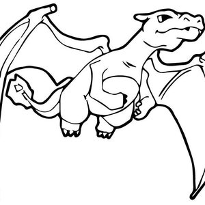 May include: A black and white line drawing of a cartoon dragon with wings spread out.