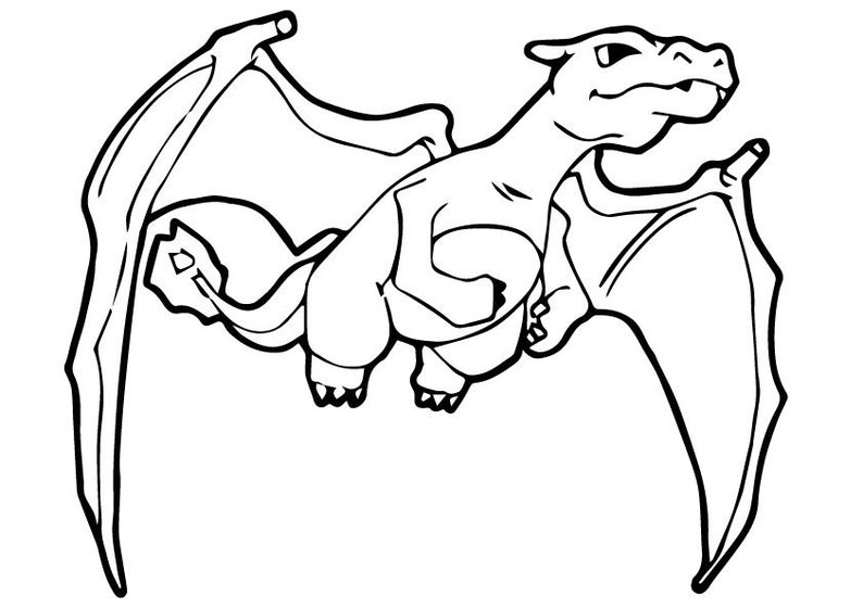 May include: A black and white line drawing of a cartoon dragon with wings spread out.