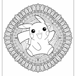 May include: A black and white coloring page featuring a cartoon Pikachu character in the center of a circular mandala design. The mandala is made up of intricate patterns and swirls.
