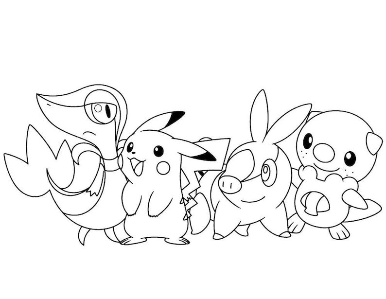 May include: Black and white line drawing of five cartoon characters. The characters are a green lizard, a yellow mouse, a pink pig, a brown dog, and a pink and white seahorse.