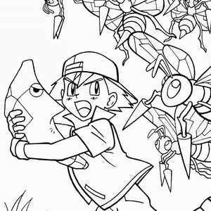 May include: A black and white line drawing of a cartoon character holding a rock-like Pokemon. The character is wearing a red and white baseball cap and a red shirt. The character is surrounded by several flying insect-like Pokemon.