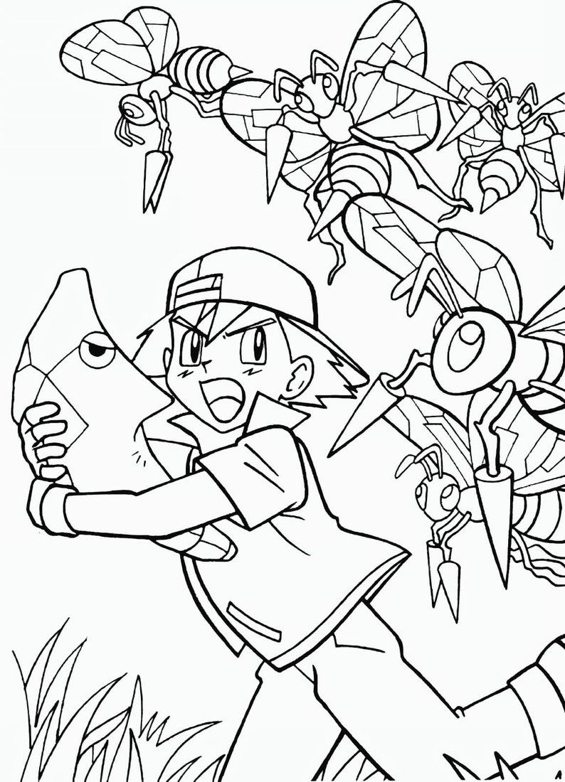 May include: A black and white line drawing of a cartoon character holding a rock-like Pokemon. The character is wearing a red and white baseball cap and a red shirt. The character is surrounded by several flying insect-like Pokemon.