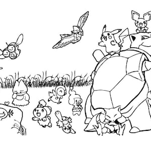 May include: A black and white line drawing of a group of cartoon characters, including a turtle, a bird, and several other creatures. The characters are all in a field of grass.