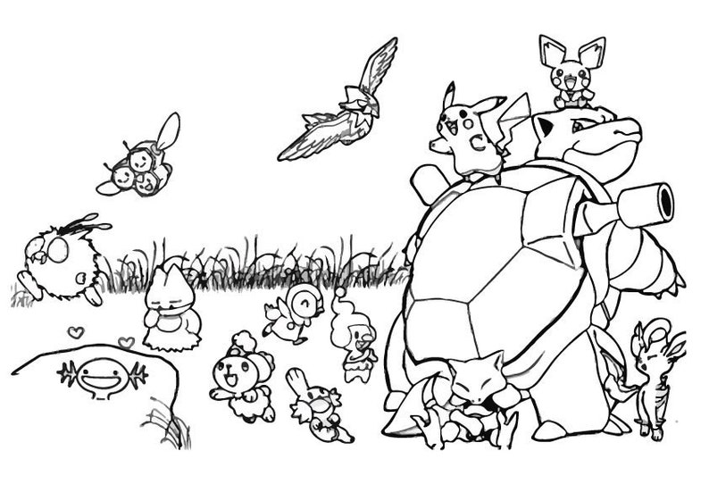 May include: A black and white line drawing of a group of cartoon characters, including a turtle, a bird, and several other creatures. The characters are all in a field of grass.