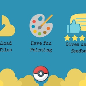 May include: A blue background with three icons and text. The first icon is a yellow cloud with a downward arrow. The text below the icon says "Download the files". The second icon is a paint palette with a paintbrush. The text below the icon says "Have fun painting". The third icon is a speech bubble with a thumbs up and five stars. The text below the icon says "Gives us your feedback!"