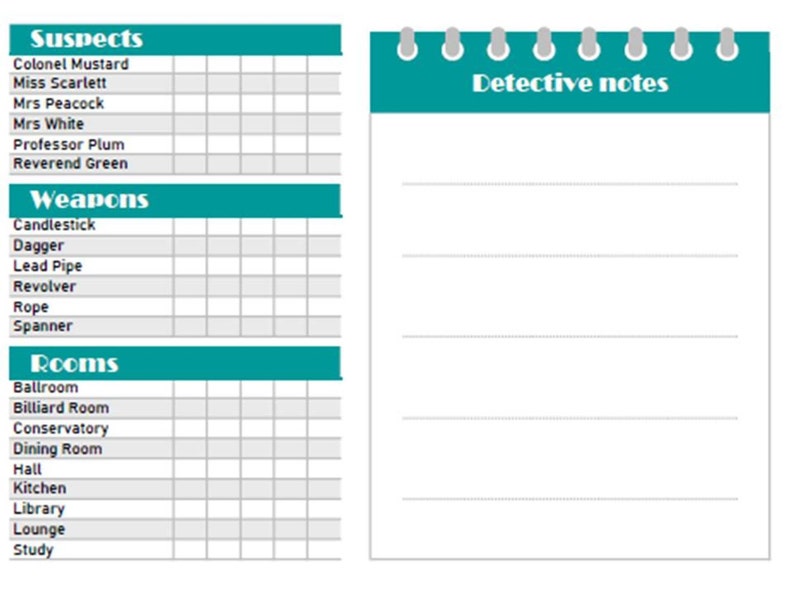 Replacement Cluedo Clue Detective Scorecard Sheets Printable Download ...