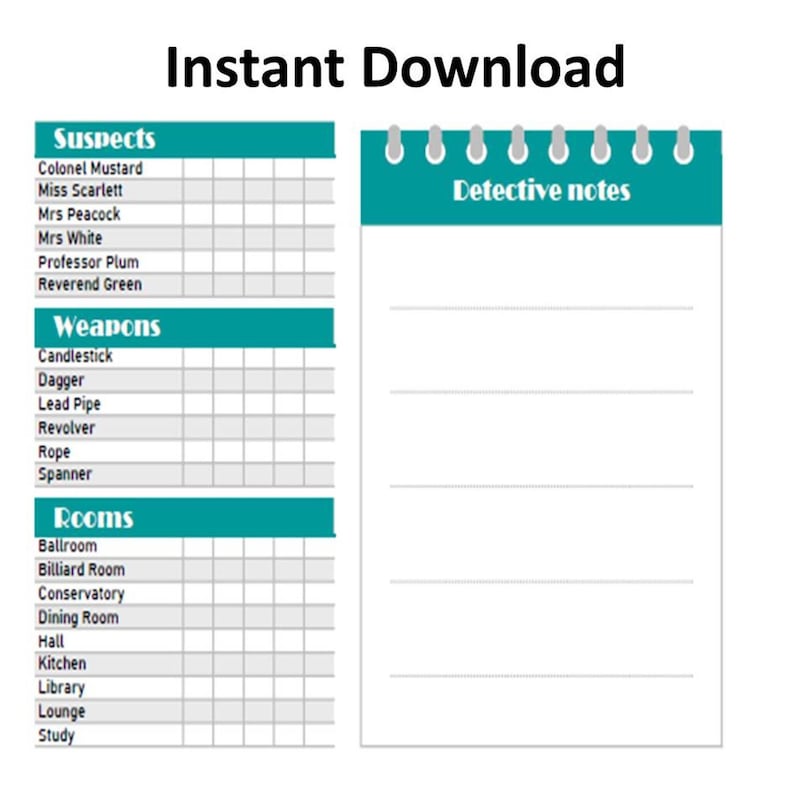 Replacement Cluedo Clue Detective Scorecard Sheets Printable Download ...