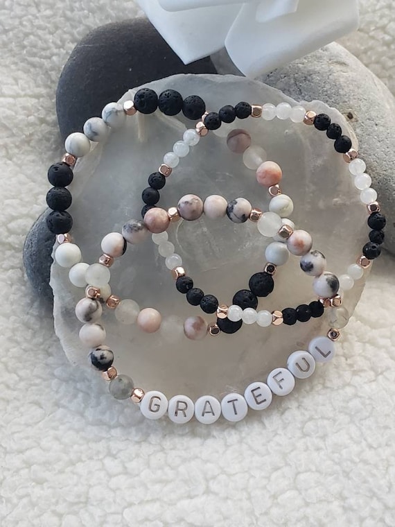 Custom Letter Bead Bracelet Stack, Rose Quartz, Lava Beads - Etsy