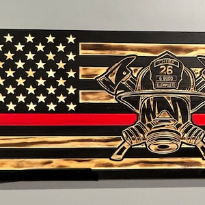 Rustic Wooden Firefighter Helmet Thin Red Line flag