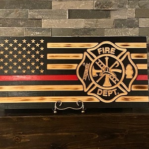 Rustic Wooden Firefighter Thin Red Line American flag