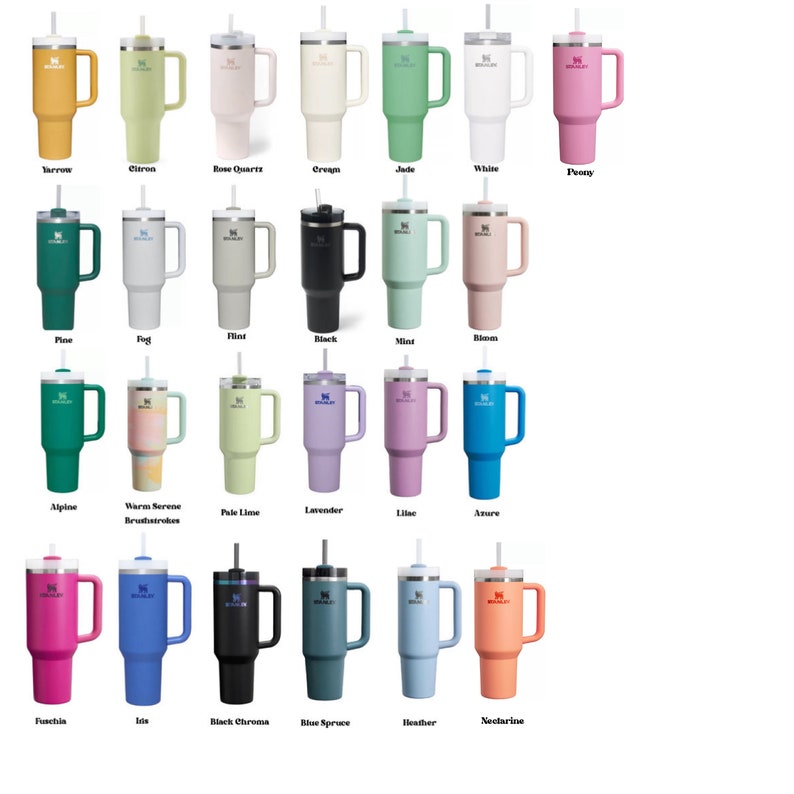 May include: A collection of insulated travel mugs in various colors, including yellow, green, pink, white, black, and blue. Each mug has a handle, a straw, and a lid. The mugs are arranged in rows and columns, with color names below each.