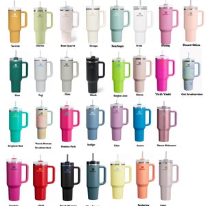 May include: A collection of Stanley Quencher H2.0 FlowState tumblers in various colors, including yellow, green, pink, blue, and black. Each tumbler has a handle, a straw, and a capacity of 40 ounces.