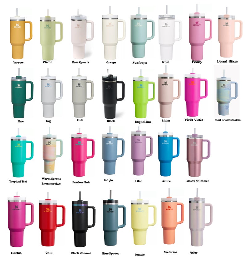 May include: A collection of Stanley Quencher H2.0 FlowState tumblers in various colors, including yellow, green, pink, blue, and black. Each tumbler has a handle, a straw, and a capacity of 40 ounces.