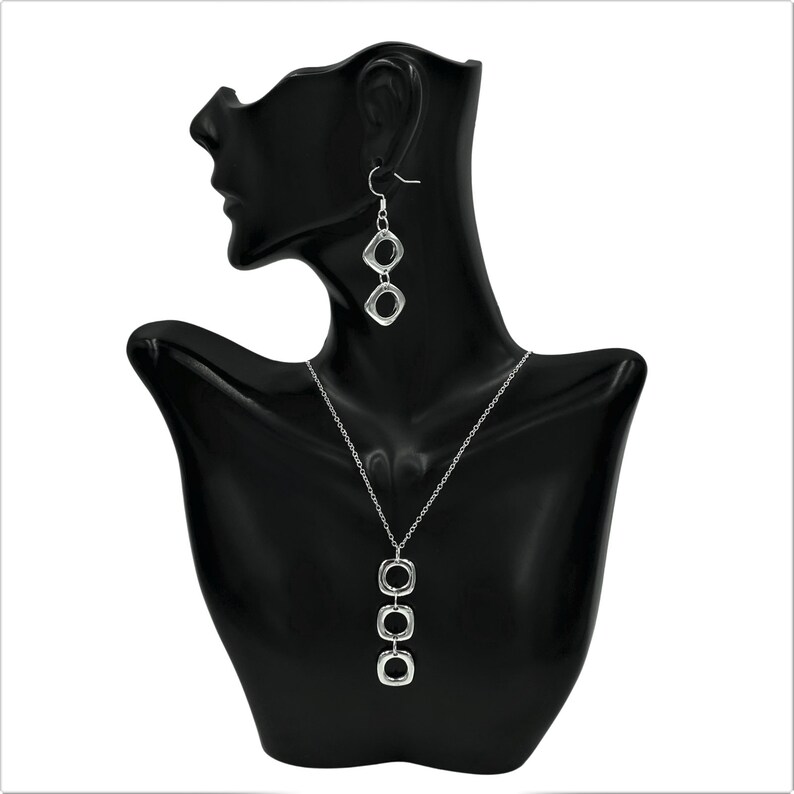 Square Pendant Necklace and Earrings Set Sterling Silver, Gift for