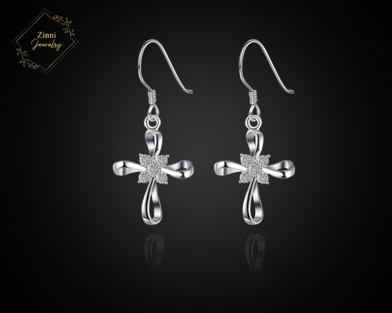 925 Sterling Silver CZ Crystal Cross Earrings Holy Cross Earrings
