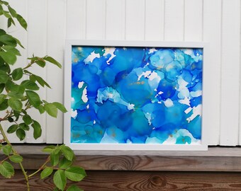 Himingläva 2.0 | Original painting in alcohol ink, blue and gold, framed, abstract, sea goddess, alcohol ink, painting, art, unique