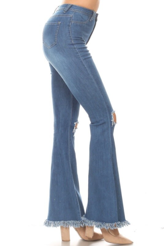 Bell Bottom Jeans Ripped High Waist Medium Blue Washed Bell Etsy