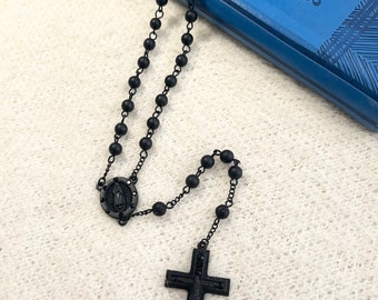 Rosary Necklace, Solid Matte Black Beads Wearable Cross Catholic Mercy Necklace Rosario, Black Necklace, Christmas Gift