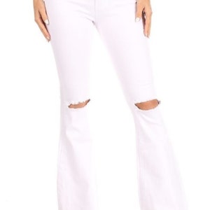 White Bell Bottom Jeans, Ripped High Waist Stretch White Bell Bottom Flare Knee & Fray Hem, Ripped Bell Bottom Jean, Christmas Gifts