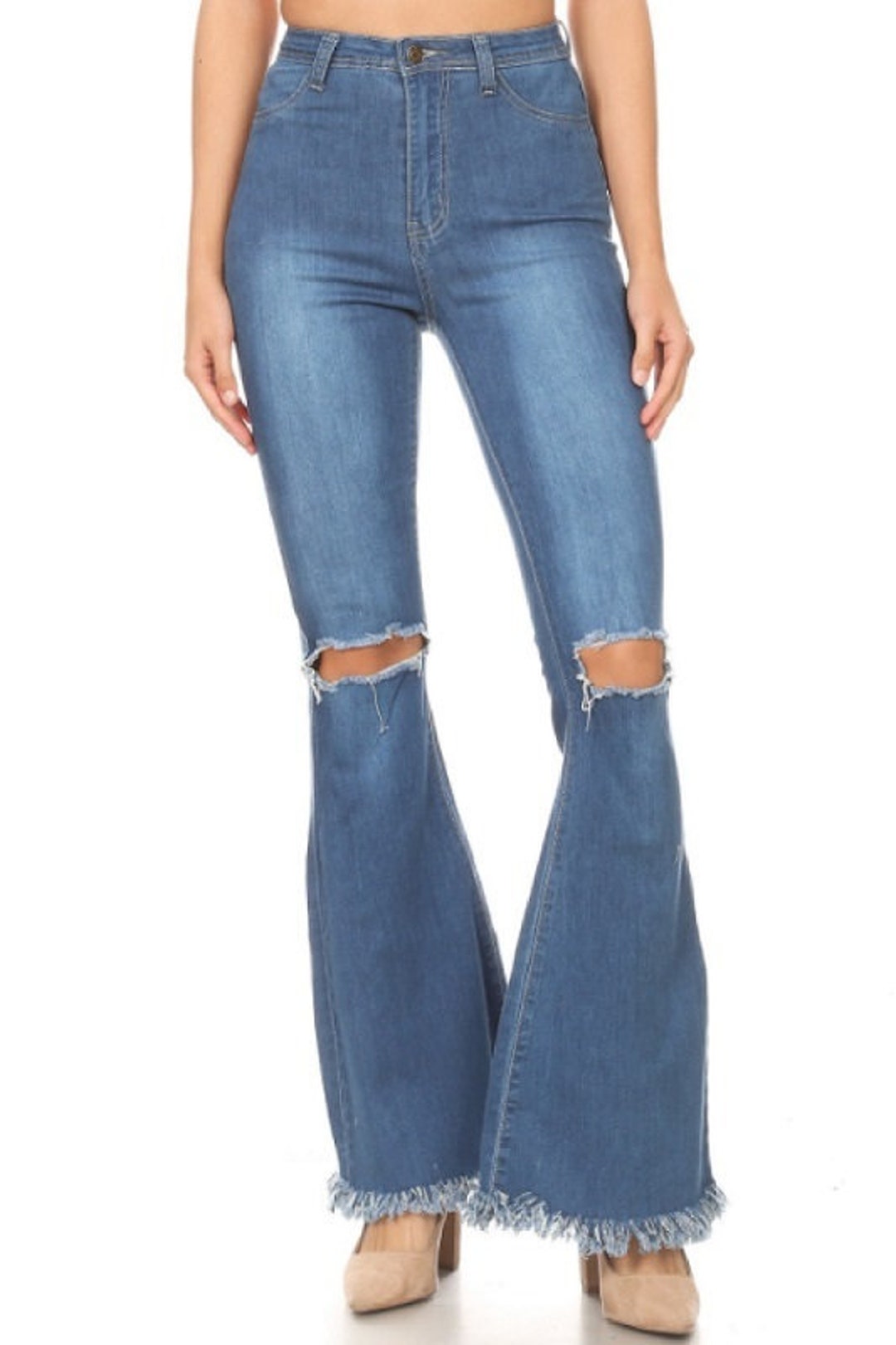 Bell Bottom Jeans Ripped High Waist Medium Blue Washed Bell Etsy