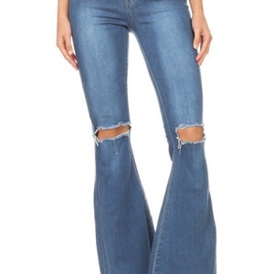 High-rise Bell Bottom Jeans With Heavy Distressing, Unique Boho