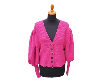 Woman's Hand Knitted Pink Wool Cardigan | Pink Merino Wool Sweater