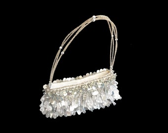 Silver Coloured Evening Bag With Beads And Sequins | Elegant Opera Bag | Vintage Style Silver Coloured Handbag