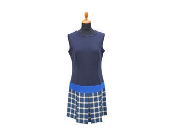 Jersey And Wool Pinafore Dress Blue Plaid | Blue And White Dress | Pinafore Dress With Blue Tartan Check