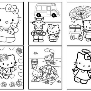 Puede incluir: Páginas para colorear en blanco y negro con Hello Kitty en diferentes escenas. Hello Kitty lleva una variedad de atuendos y está rodeada de otros personajes, incluyendo un oso, una cabra y una rana.