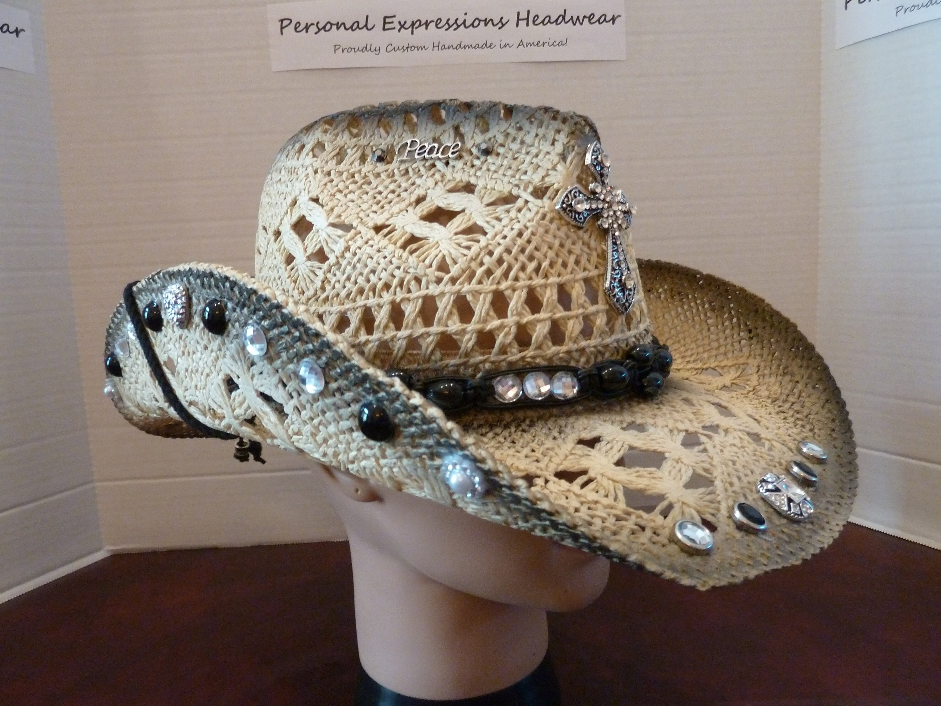 Hat Cowgirl Straw Black White Rocker 