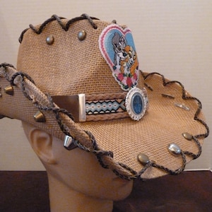 Disney Hat, Lady and the Tramp, Mickey Mouse, Minnie Mouse, Cowboy, Cowgirl, Straw, Black, White, Western, Patch, Rhinestones, Concho
