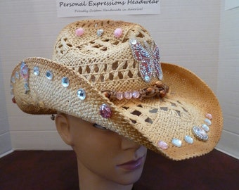 Hat, Cowgirl, Straw, Black, White, Rocker, Punk, Patch, Butterfly, Rhinestone, Beaded, Woman, Girl, Gift