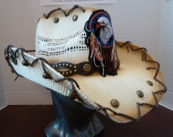 Hat, Cowboy, Cowgirl, Straw, Black, Brown, Patriotic, American Flag, Eagle, Indian