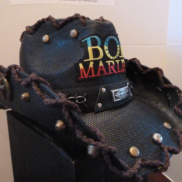 Bob Marley Hat, Custom, shirt, Cowboy, Straw, Black, Poster, Western, Patch, Cross, Biker, spikes, studs