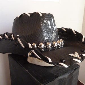 Rocker Hat, Heavy Metal Cowboy, Western, Straw, Black, Shirt, Rocker, Punk, Custom, Skull, Baseball Cap, Trucker