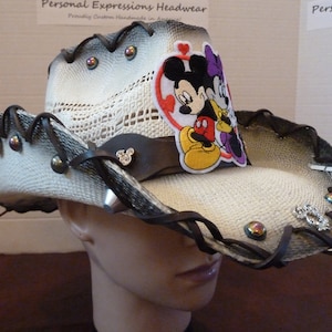 Disney, Hat, shirt, Mickey Mouse, Minnie Mouse, Cowboy, Cowgirl, Straw, Black, White, Western, Patch, Rhinestones, Concho