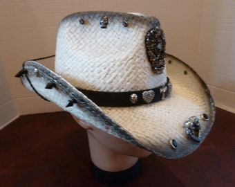 Hat Cowgirl Straw Black White Rocker Punk Patch Skull | Etsy