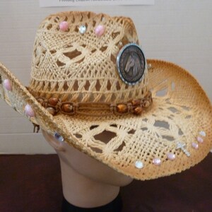 Hat, cowboy, Cowgirl, Straw, Black, Brown, White, Rocker, Punk, Patch, Horse, Rodeo, Western, Rhinestone, Beaded, Woman, Girl, Gift